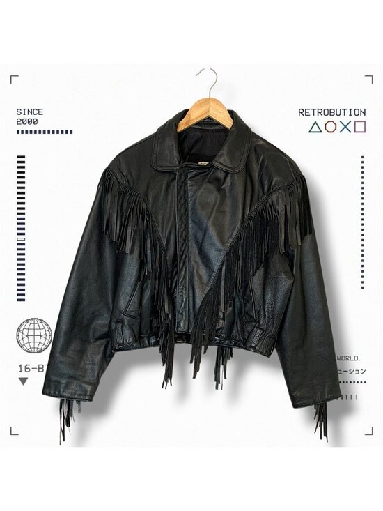 Vintage Jackets & Blazers - Vintage 80s Screaming Eagle Fringe Leather Biker Jacket Black Size M